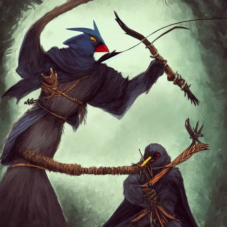 Image similar to “a Kenku in a hooded cloak holding a bow and arrow, fantasy art, digital art, 4K”