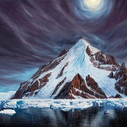 Image similar to mysteries of Antarctica glacial cult mountain god, realistic fantasy, oil painting, primeval duality, cinematic, establishing shot, extremely high detail, photo realistic, cinematic lighting, oil painting, intricate line drawings, 8k resolution