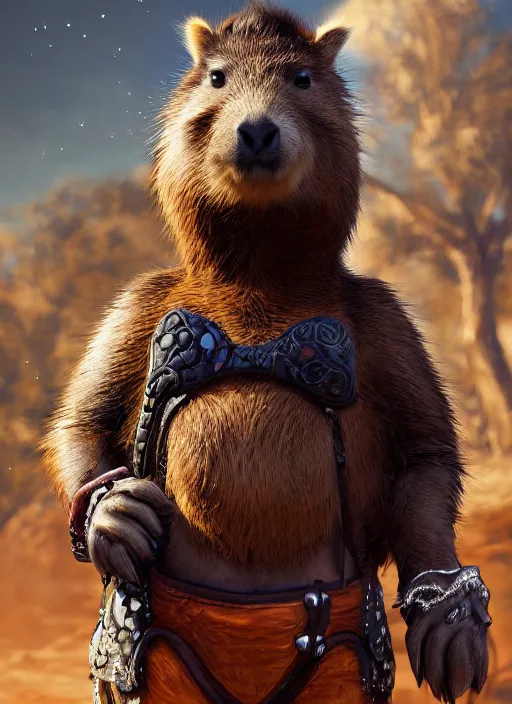 Image similar to detailed full body concept art illustration oil painting of an anthropomorphic capybara cowboy in full intricate clothing, biomutant, ultra detailed, digital art, octane render