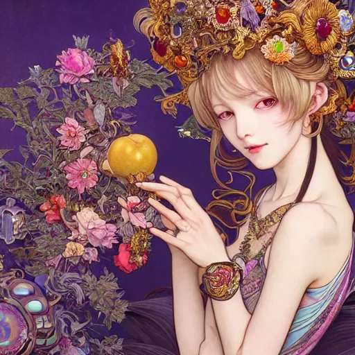 Image similar to a masterpiece ultrarealistic ultradetailed portrait of beautiful love jewelry mecha genius witch girl on fruits street market baroque renaissance. medium shot, intricate, elegant, by stanley artgerm lau, wlop, alphonse mucha, rossdraws, andrei riabovitchev, yoshitaka amano. flower background my james jeand and takashi murakami.