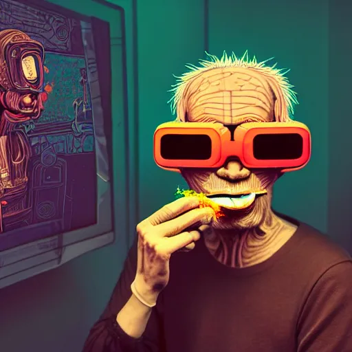 Image similar to Colour Photography of 1000 years old man with highly detailed 1000 years old face wearing higly detailed cyberpunk VR Headset designed by Josan Gonzalez. Man eating higly detailed hot-dog. In style of Josan Gonzalez and Johannes Vermeer and Mike Winkelmann and Caspar David Friedrich. Rendered in Blender