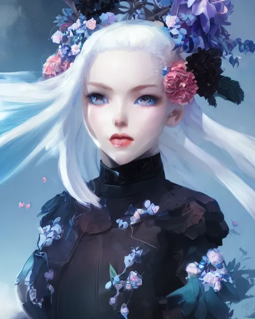 Prompt: girl with white hair and black skirt, flower decorations, dreamy, beautiful illustration, scifi, atmosphere, top lighting, blue eyes, perfect composition, smooth, artstation, highly detailed, art by yuhong ding and chengwei pan