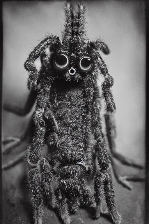 Image similar to a wet plate photo of an anthropomorphic tarantula king, wearing a crown