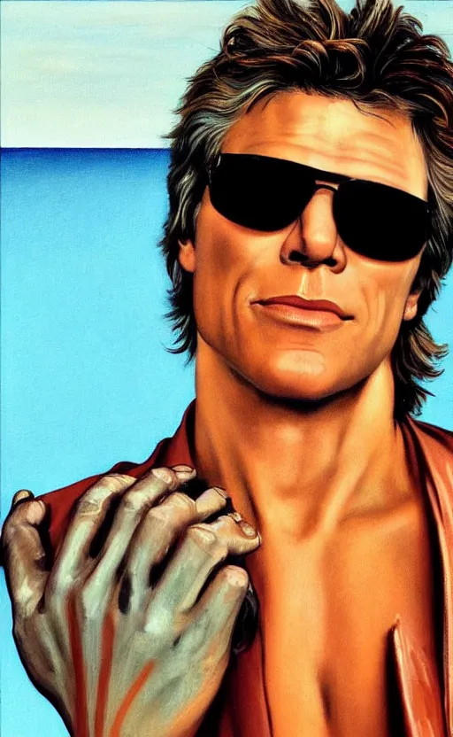 Prompt: Jon Bon Jovi, the most beautiful androgynous man in the world, intense painting, sunny day at beach, tropical island, +++ super supper supper dynamic pose,  digital art, +++ +++ quality j.c. leyendecker, limited edition, shiny, veiny hands, thick eyebrows, masculine appeal high fashion, wearing orange sunglasses, crystal blue eyes, louis vuitton suit, smirking