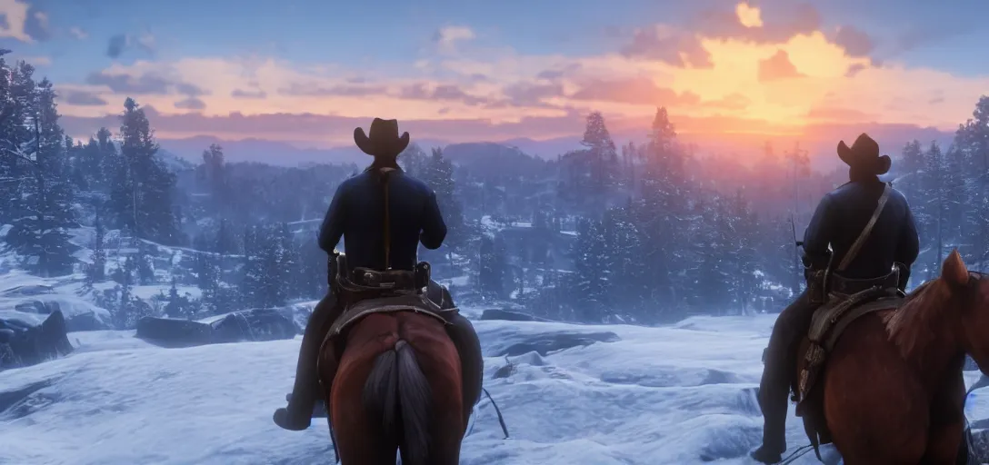 Prompt: Arthur Morgan from Red Dead Redemption 2 sitting at the top of a mountain looking at a beautiful sunrise in the distance