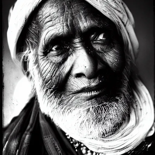 Prompt: black and white photo, portrait of 100 year old Indian holy man by richard avedon, realistic, Leica, medium format, cinematic lighting, wet plate photography, parallax, high resolution,