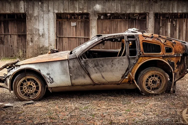 Image similar to rusty, derelict 1 9 2 2 delorean inside a dusty worn down old barn