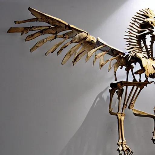 Image similar to a fossilized griffin skeleton, museum photo