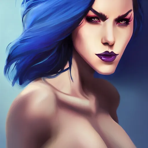 Prompt: a stunning upper body portrait of a beautiful woman with raven blue hair blowing in the wind by marvel comics, digital art, trending on artstation