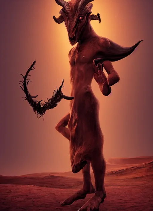 Image similar to terrific jinn demon in middle of desert with hoof on his feet and goat face with long cloth, horror, dark atmosphere, harsh lighting, cinematic lighting, scary, award wining art, artstation, high details, concept art, 4 k