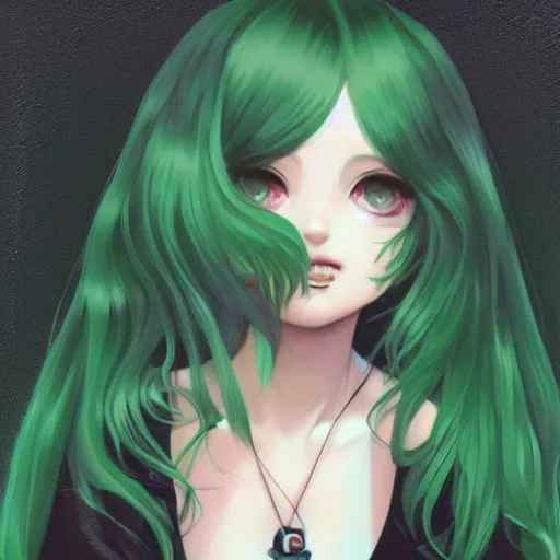 Image similar to beautiful young girl, curly green hair, polaroid, Ilya Kuvshinov, Range Murata