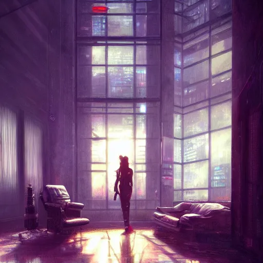 Prompt: cyberpunk living room interior, windows, light rays, buildings, dystoptian, gorgeous view, depth, painted by Seb McKinnon, clouds, tending on artstation