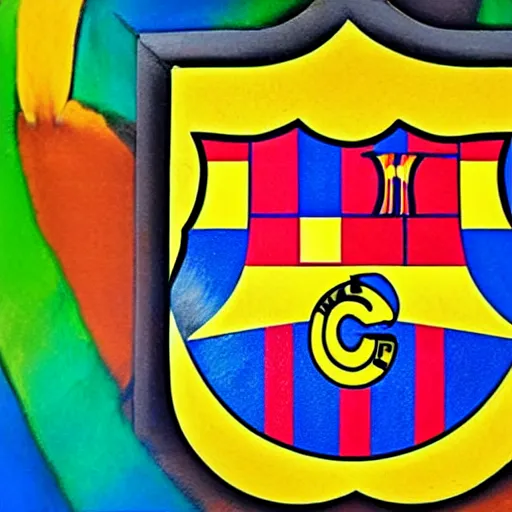 Image similar to Digital painting of a parrot painting the FC Barcelona logo onto a wall with a stalk of bamboo dipped in paint.