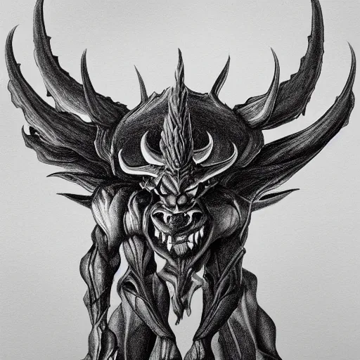 Image similar to turned three quarter view, full body shot of hoofed demon with horns in asymmetric pose, engulfed in flames, detailed greyscale drawing by Dominik Mayer