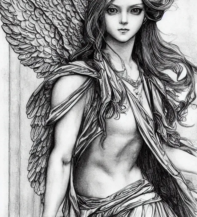 Prompt: davinci biblical alchemy art brush ink 3 d drawing of a beautiful angel girl epic photorealistic portrait in squareenix miura kentaro sorayama technoir noir style detailed trending award winning