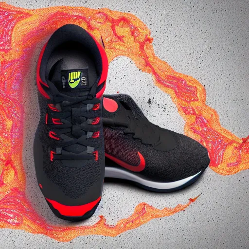 Image similar to Nike causal shoe inspired by volcanos and lava. Sigma 85mm f/8, high detail, bright color scheme,