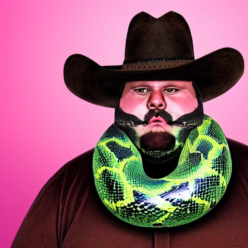 Image similar to hyperreal morbidly obese 2000kilo snake oil salesman wearing authentic purple green sip tech cowboy augmentation and curly snake moustache, fat man standing in front of blank background