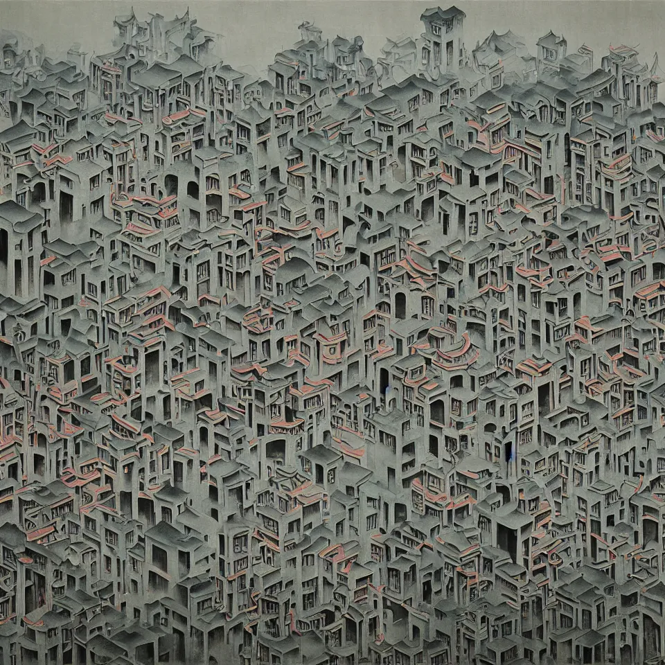 Image similar to a painting of abstract buildings like hongcun ancient village houses by yves tanguy