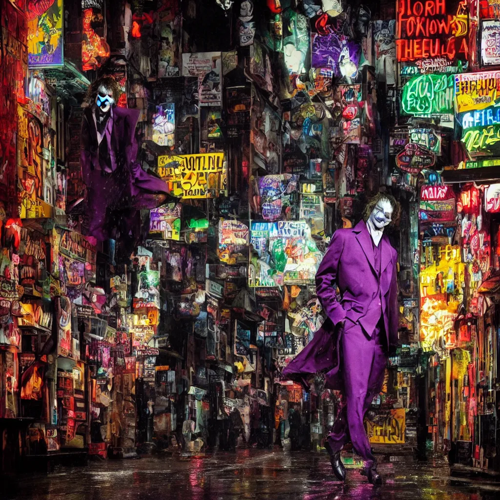 Image similar to night flash portrait photography of the joker on the lower east side by annie leibovitz, colorful!!, nighttime!, raining!