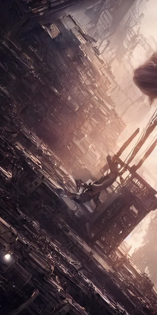 Prompt: a titanic beautiful biomechanical woman destroying a dystopian city, cyberpunk, sharp focus, dynamic lights, still, photograph, hyper realistic, masterpiece, octane render, rendered, 3 d, cinematic, cinematic lighting, dramatic lighting, highly detailed, intricate details, texture, cinematic composition, wide shot, by donglu yu and kevin jick and eddie del rio