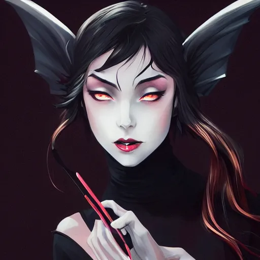 Image similar to demonic satanic woman with black bat wings, elegant, highly detailed, digital painting, artstation, concept art, sharp focus, illustration, strong brush stroke, anime, sharp focus, ghibli studio, art by ilya kuvshinov, rossdraws