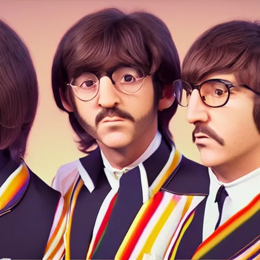 Image similar to The Beatles, Sgt Peppers era, rendered in octane, rendered in vray, rendered in Arnold, insanely detailed, photorealistic, cinematic, global illumination