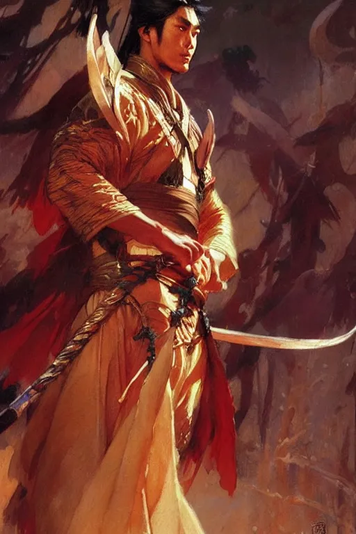 Prompt: wuxia, attractive male, character design, painting by gaston bussiere, craig mullins, j. c. leyendecker