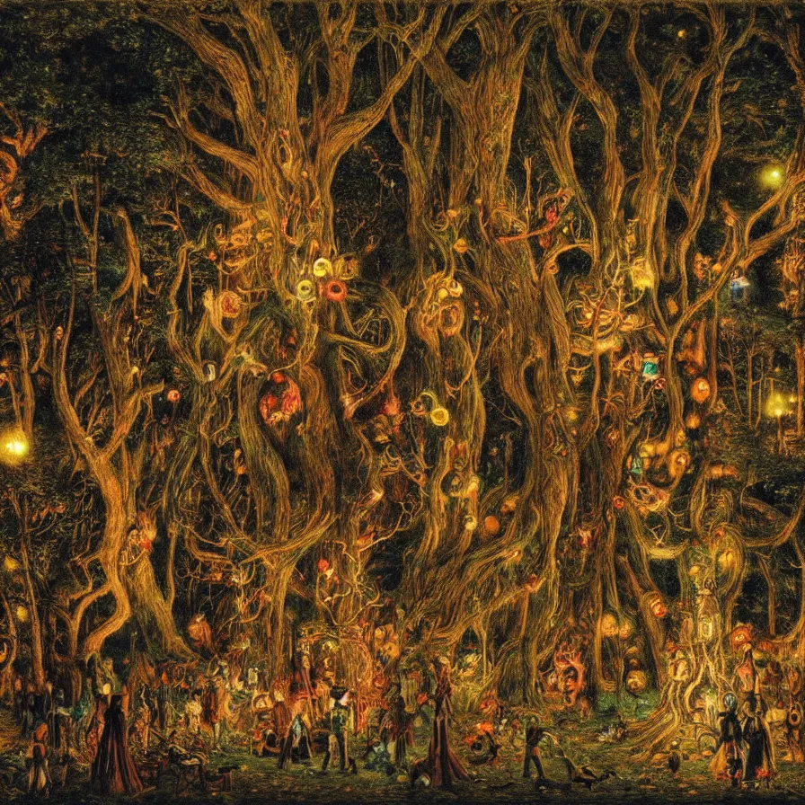 Image similar to a night carnival around a magical tree cavity, with a surreal orange moonlight and fireworks in the background, next to a lake with iridiscent water, christmas lights, folklore animals and people disguised as fantastic creatures in a magical forest by summer night, masterpiece painted by ford madox brown, dark night environment