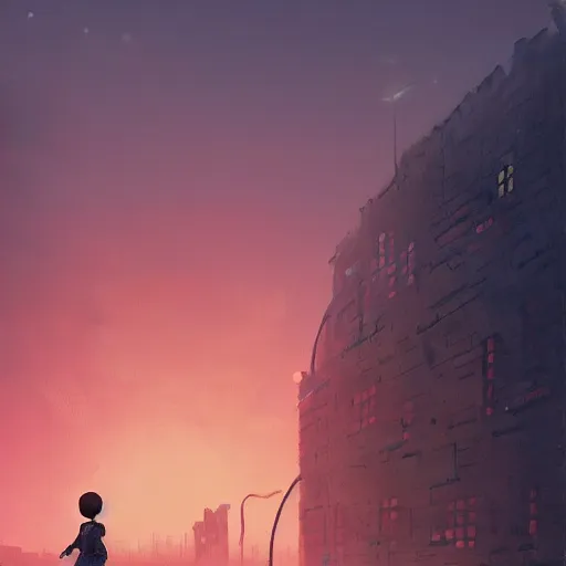 Image similar to digital painting of child playing with a huge humanoid robot in a park, sunset, a dark dystopian city behind a huge wall, dystopian, stunning, cinematic lighting, concept art by greg rutkowski and simon stalenhag and wlop, artstation