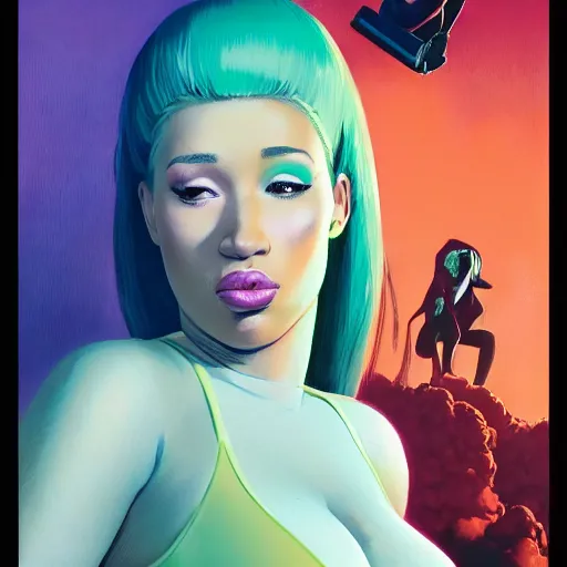 Prompt: 4k headshot of thicc Iggy azalea , Cardi B , Nikki Minaj from Macfarlane comics, killing with green fire by Craig Mullins, ilya kuvshinov, krenz cushart, epic , artgerm trending on artstation by Edward Hopper and Dan Mumford and WLOP and Rutkovsky, beksinski carl spitzweg moebius and tuomas kocar, intricate artwork by caravaggio, Unreal Engine 5, Lumen, Nanite , 4K headshot of godlike clown with defined arms and open hands and bloody clothes with giant mandala wings , intricate face , flawless anime cel animation by Kentaro Miura, psychedelic , highly detailed upper body , professionally post-processed , beautiful, scary, symmetry accurate features, epic, octane rendered, anime masterpiece, accurate