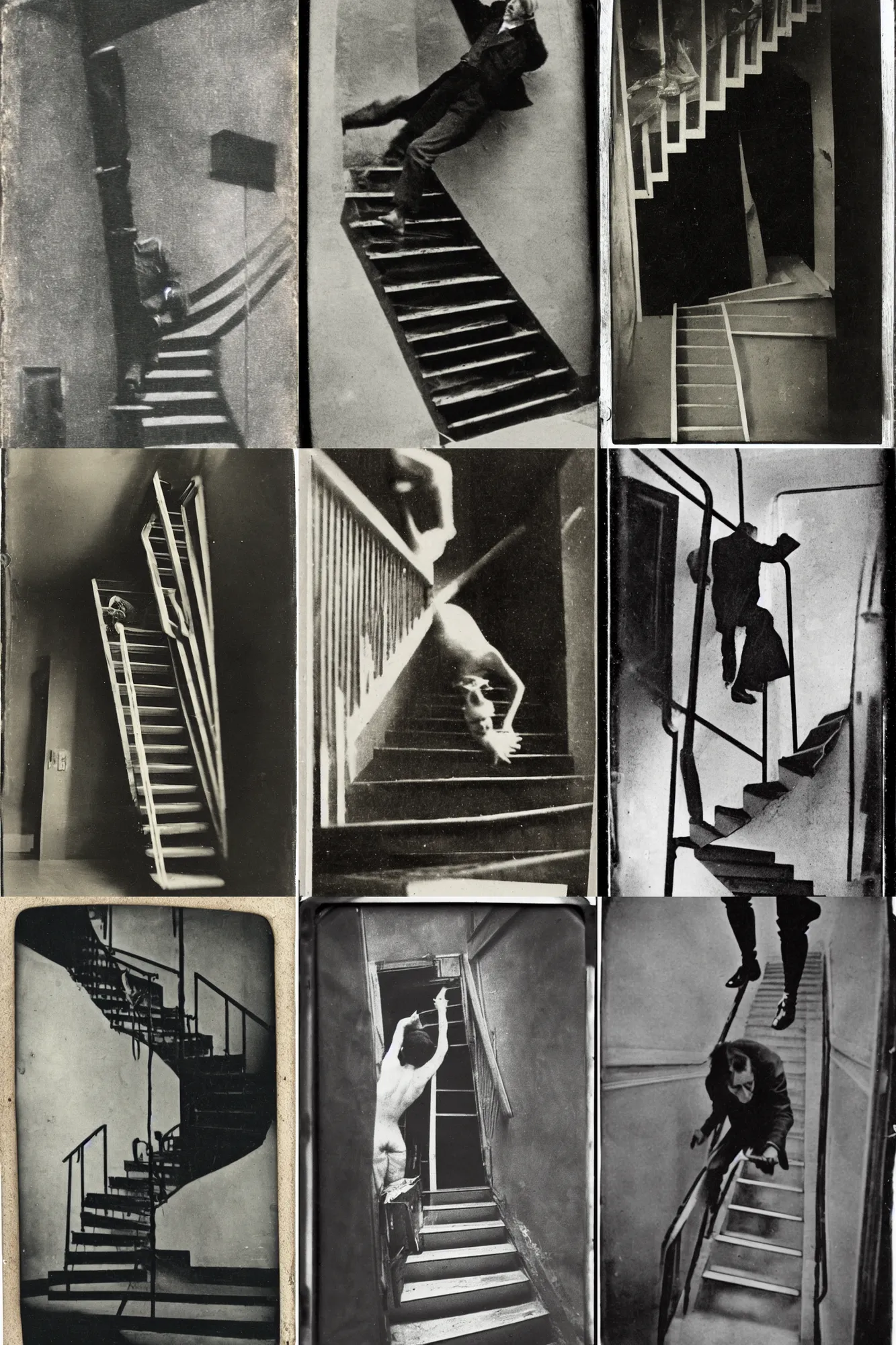 Prompt: an old tintype of Marcel Duchamp falling down a stairscase