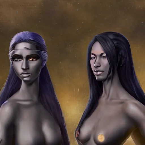 Prompt: a scene of two identical beautiful female dark elves standing face to face, full of detail