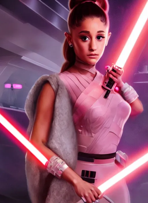 Prompt: An extremely detailed photo of Ariana Grande in the Star Wars universe with two pink lightsabers held in each hand. Maximum detail on artstation, photo realism, vivd details, vivd colour, volumetric lighting