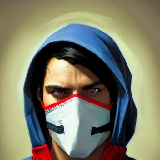 Image similar to ultra realistic illustration, man with black hair with a black medical mask, in blue hood, red and blue eyes, highly detailed, digital painting, artstation, concept art, smooth, sharp focus, illustration, art by artgerm and greg rutkowski and alphonse mucha