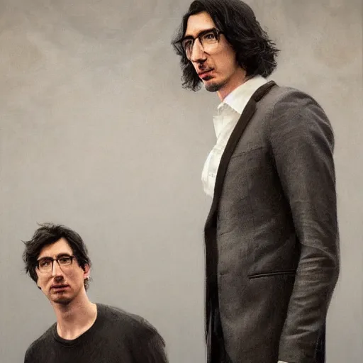 Prompt: painting of both john oliver and adam driver together, john oliver, adam driver, full body, elegant, beautiful, highly detailed, centered, dark, smokey, digital painting, concept art, smooth, sharp focus, illustration, deviant art, art by greg rutkowski, karol bak and peter mohrbacher