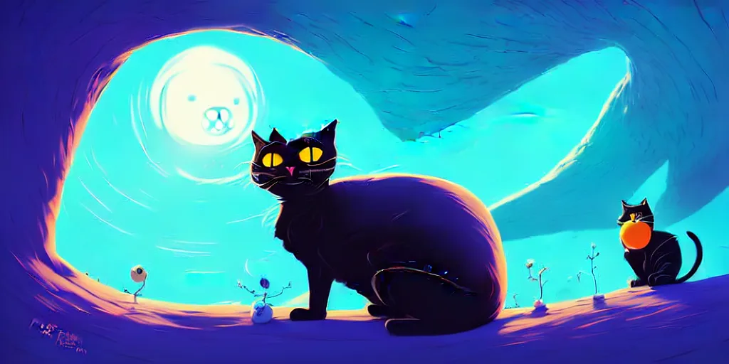 Image similar to curved perspective, extreme narrow, extreme fisheye, digital art of a big female black cat with blue flower by anton fadeev from nightmare before christmas