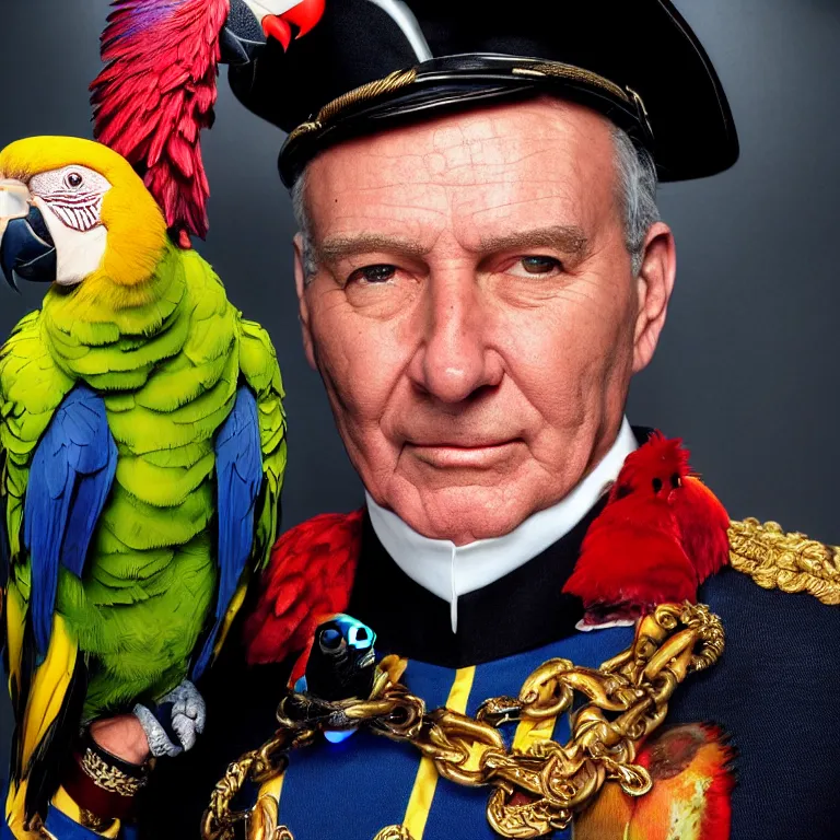 Image similar to close - up octane render portrait by wayne barlow and carlo crivelli and glenn fabry, an extremely elegant bold stern well - dressed admiral in a very powerful uniform, holding a colorful parrot, inside a colorful highly - themed nautical bar, very short depth of field, bokeh