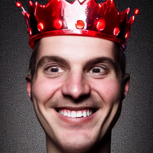 Image similar to man with a crown, smirk, photograph, black background, glowing red eyes, grin