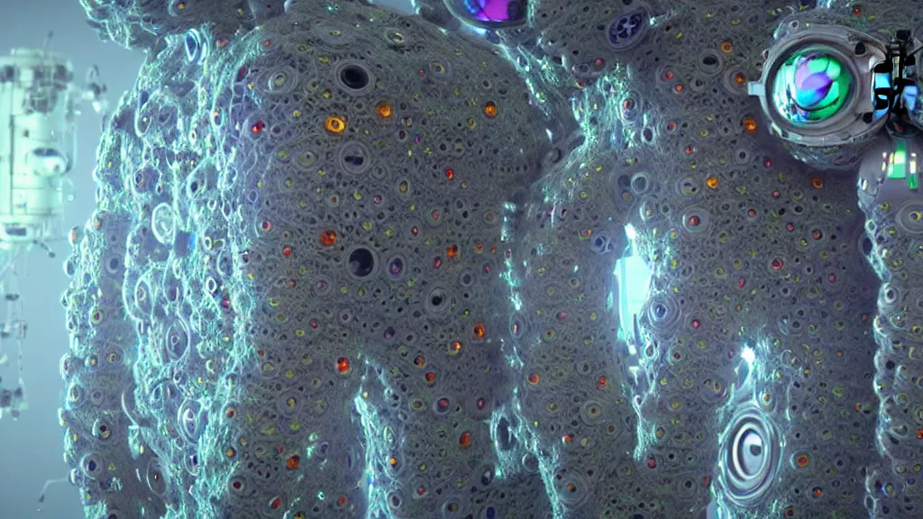 Image similar to a cybernetic symbiosis of a single astronaut mech-organic eva suit made of pearlescent wearing knitted shiny ceramic multi colored yarn thread infected with diamond 3d fractal lace iridescent bubble 3d skin dotted covered with orb stalks of insectoid compound eye camera lenses floats through the living room, film still from the movie directed by Denis Villeneuve with art direction by Salvador Dalí, wide lens,kevlar,carbon fiber,ceramics,gaseous materials,