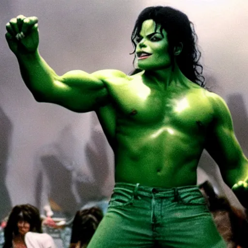 Image similar to michael jackson as the incredible hulk, movie still, 8 k