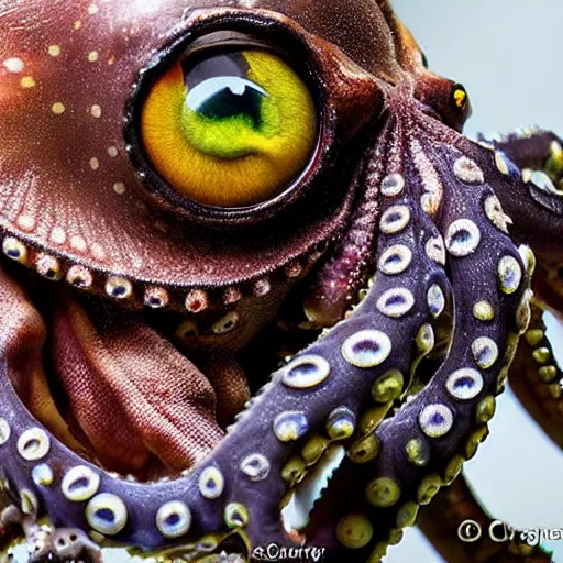 Image similar to a close up of an octopus with two large eyes, a macro photograph by craola, flickr contest winner, mingei, lovecraftian, grotesque, macro photography