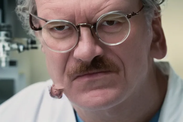 Image similar to an ultra realistic cinematic portrait of an evil male scientist smirking, foggy, stood in a lab, detailed, deep focus, movie still, dramatic lighting, by werner herzog