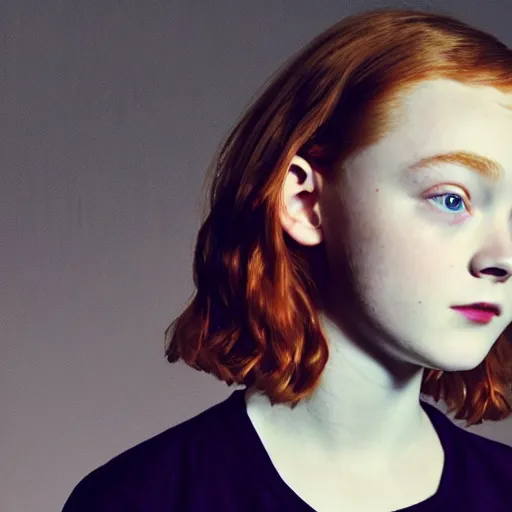 Image similar to sadie sink, portrait with buzzcut hair and city background, smokewave aesthetic