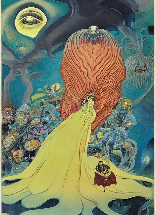 Prompt: a queen on top of a giant tardigrade retro japanese monster slimy leather, oil painting, 7 0 s vintage art, by georgia o keeffe, by kay nielsen, by gustave dore, by frank frazetta, nausicaa