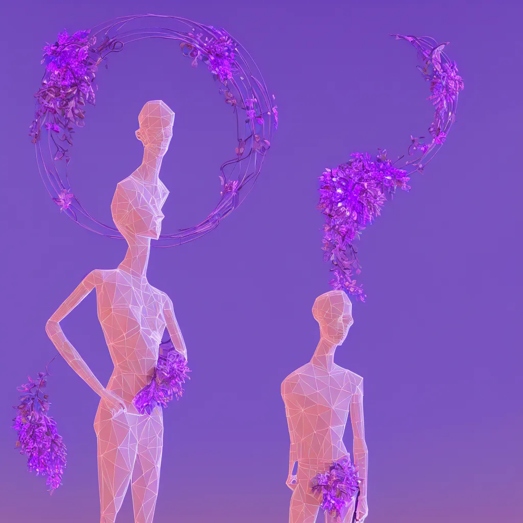 Image similar to beautiful mannequin sculpted out of amethyst by billelis + lit with 3 d geometric neon + facing a doorway opening with neon pink geometric fractal light + flowering hosta plants!!!, moon in background!, rule of thirds, clean linework, dramatic, award winning, 4 k, trending on artstation, photorealistic, volumetric lighting, octane render