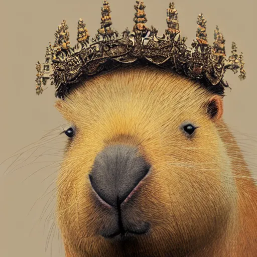 Image similar to detailed photorealistic mugshot of a capybara wearing a highly detailed ornamented crown, sharp focus, in the style of ruan jia, Mandy jurgens, cinematic light, concept art, trending on artstation, ultra realistic