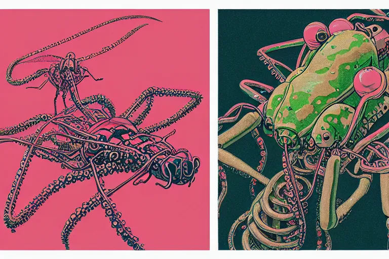 Image similar to risograph grainy drawing vintage sci - fi, satoshi kon color palette, gigantic fat mantis full - body covered with robot parts and wires, with lot tentacles, insects and dragonflies around, painting by moebius and satoshi kon and dirk dzimirsky close - up portrait