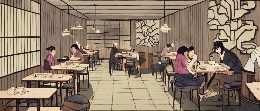 Image similar to a beautiful interior view illustration of a small roasted string hotpot restaurant in yan'an city, wall corner, restaurant wall paper is tower amd mountain, rectangle white porcelain table, people are eating, black chair, animation illustrative style, from china, simple style structure decoration design, victo ngai, james jean, 4 k hd