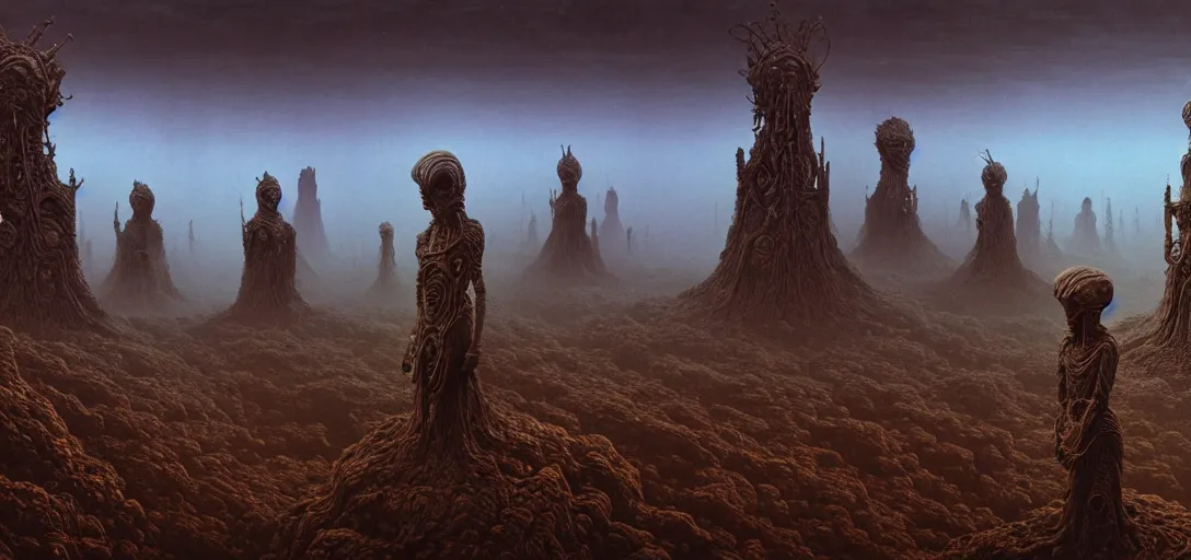 Image similar to alien landscape with eerie god statues, painted by beksinski, 4 k, intricate details, unreal engine, dynamic lighting