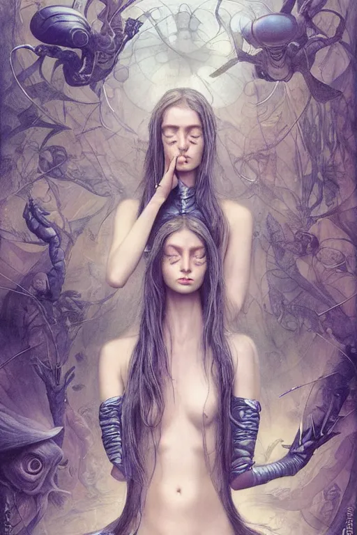 Image similar to a fashion editorial of a alien with scaled skin meditating. she is wearing a tactical suit and has many body modifications. by tom bagshaw, donato giancola, hans holbein, walton ford, gaston bussiere, brian froud, peter mohrbacher and magali villeneuve. 8 k, fashion editorial, cgsociety